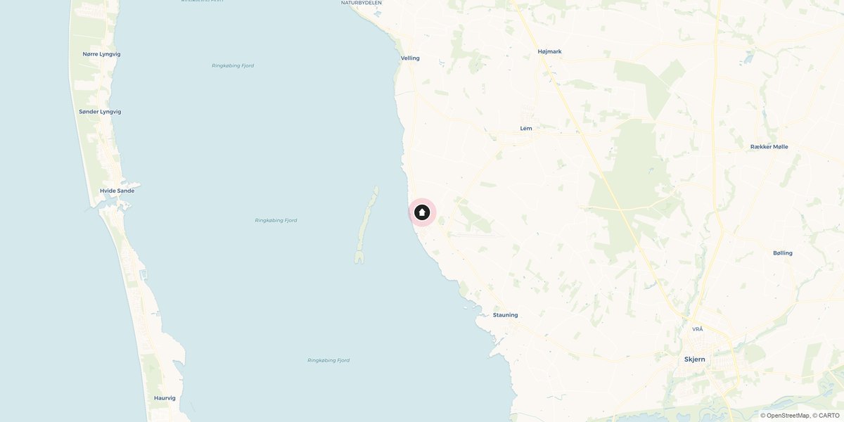 Kort over området omkring Ringkøbing Fjord med husets placering ved Stauning